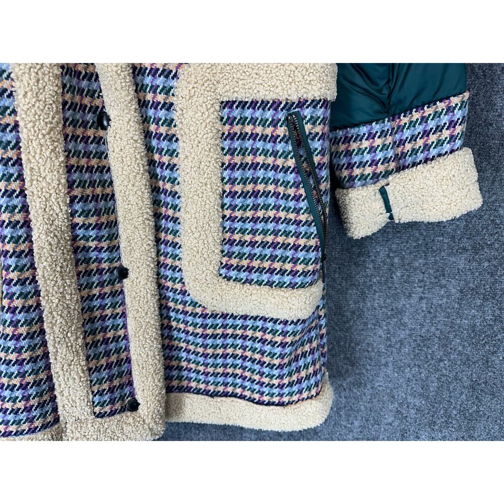 Sam Edelman Puffer Coat Womens L Teal Houndstooth Sherpa Hood Long Winter - Picture 9 of 13